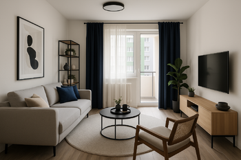 Vizualizace obývacího pokoje - Prodej bytu 2+kk v osobním vlastnictví 48 m², Kladno