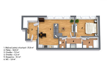 3D vizualizace - Pronájem bytu 2+kk v osobním vlastnictví 63 m², Praha 4 - Modřany