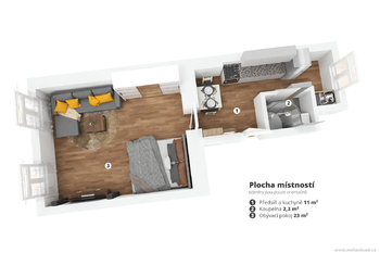 3D MODEL BYTU - Pronájem bytu 1+1 v osobním vlastnictví 43 m², Praha 7 - Holešovice