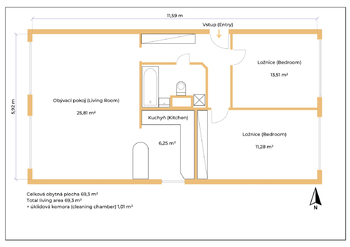 Půdorys - Pronájem bytu 3+1 v osobním vlastnictví 69 m², Praha 4 - Krč