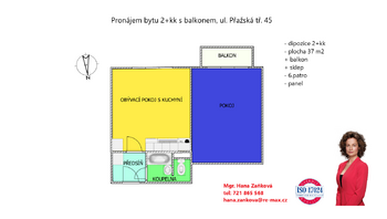 plánek - Pronájem bytu 2+kk v osobním vlastnictví 37 m², České Budějovice