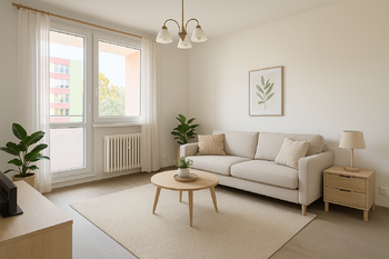Vizualizace obývacího pokoje - Prodej bytu 2+1 v osobním vlastnictví 59 m², Pohořelice