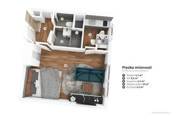 3D PLÁNEK - Pronájem bytu 1+kk v osobním vlastnictví 29 m², Praha 8 - Troja