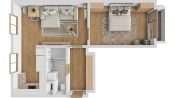 3D půdorys - Prodej bytu 2+kk v osobním vlastnictví 56 m², Břeclav