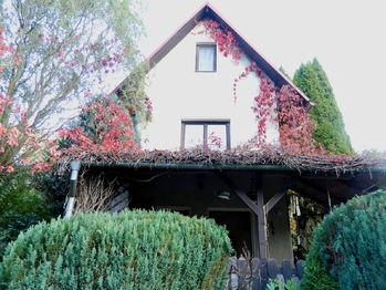 Průčelí chaty s pergolou. - Prodej chaty / chalupy 76 m², Cheb