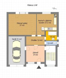 Půdorys 1. NP - Prodej domu 292 m², Praha 9 - Čakovice