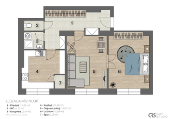 Půdorys - Pronájem bytu 2+1 v osobním vlastnictví 62 m², Praha 8 - Kobylisy