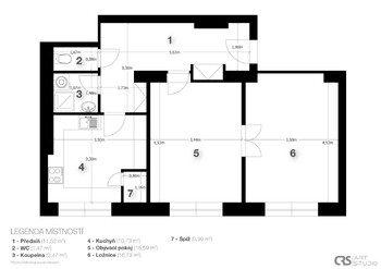 Půdorys - Pronájem bytu 2+1 v osobním vlastnictví 62 m², Praha 8 - Kobylisy