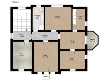 Půdorys patra - Prodej domu 200 m², Praha 10 - Strašnice