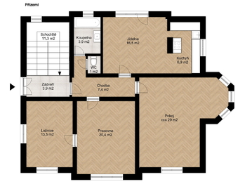 Půdorys přízemí - Prodej domu 200 m², Praha 10 - Strašnice