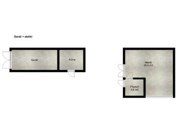 Půdorys horní garáže a ateliéru - Prodej domu 200 m², Praha 10 - Strašnice