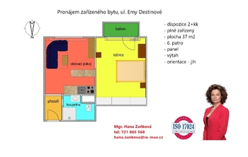 plánek - Pronájem bytu 2+kk v osobním vlastnictví 37 m², České Budějovice