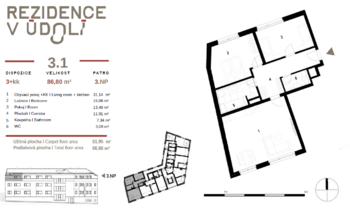 plánek - Prodej bytu 3+kk v osobním vlastnictví 87 m², Praha 9 - Hrdlořezy