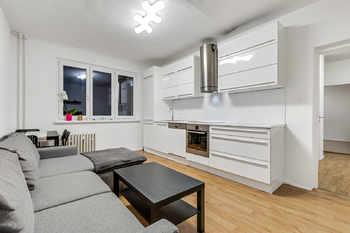 Obývací pokoj s kuchyňskou linkou - Prodej bytu 3+kk v družstevním vlastnictví 55 m², Chomutov 