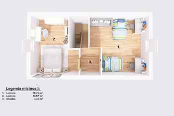 Půdorys patra. - Pronájem domu 73 m², Rodvínov