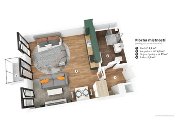 3D model - Pronájem bytu 1+kk v osobním vlastnictví 38 m², Praha 5 - Smíchov