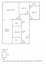 Půdorys bytu.  - Pronájem bytu 3+kk v osobním vlastnictví 63 m², Praha 4 - Chodov