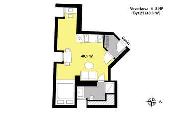 Půdorys - Prodej bytu 1+kk v osobním vlastnictví 40 m², Praha 7 - Holešovice