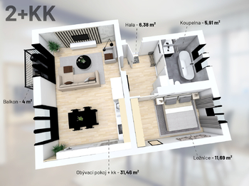 3D plánek bytu - Prodej bytu 2+kk v osobním vlastnictví 55 m², Praha 4 - Modřany