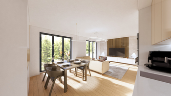 Vizulizace obývacího pokoje s kuchyní - Prodej bytu 2+kk v osobním vlastnictví 55 m², Praha 4 - Modřany