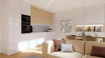 Vizulizace obývacího pokoje s kuchyní - Prodej bytu 2+kk v osobním vlastnictví 55 m², Praha 4 - Modřany