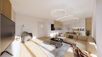 Vizulizace obývacího pokoje s kuchyní - Prodej bytu 2+kk v osobním vlastnictví 55 m², Praha 4 - Modřany 