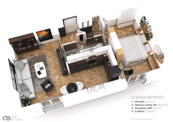 3D půdorys vizualizace - Prodej bytu 2+1 v osobním vlastnictví 53 m², Praha 6 - Veleslavín