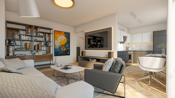 vizualizace obývací pokoj a kuchyňský kout - Prodej bytu 2+1 v osobním vlastnictví 53 m², Praha 6 - Veleslavín