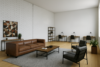 Vizualizace – varianta uspořádání jako sdílená kancelář nebo coworking - Prodej kancelářských prostor 60 m², Praha 8 - Karlín