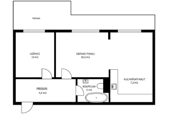 půdorys - Pronájem bytu 2+kk v osobním vlastnictví 70 m², Praha 5 - Košíře