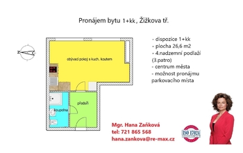 plánek - Pronájem bytu 1+kk v osobním vlastnictví 27 m², České Budějovice
