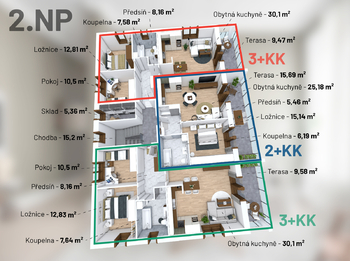 zákres podlaží - Prodej bytu 2+kk v osobním vlastnictví 68 m², Třeština