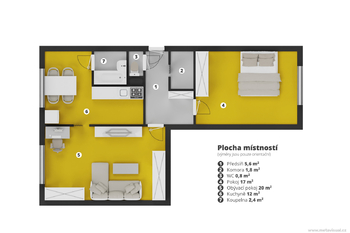 2D půdorys aktuální dispozice bytu - Prodej bytu 2+1 v osobním vlastnictví 64 m², Chlumec