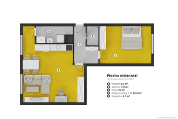 2D půdorys  bytu na základě vizualizace - Prodej bytu 2+1 v osobním vlastnictví 64 m², Chlumec