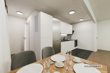 Vizualizace obývacího pokoje a kuchyňského koutu - Prodej bytu 2+1 v osobním vlastnictví 64 m², Chlumec