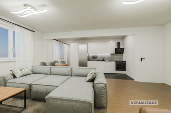 Vizualizace obývacího pokoje a kuchyňského koutu - Prodej bytu 2+1 v osobním vlastnictví 64 m², Chlumec