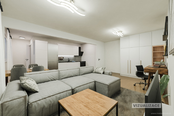 Vizualizace obývacího pokoje a kuchyňského koutu - Prodej bytu 2+1 v osobním vlastnictví 64 m², Chlumec