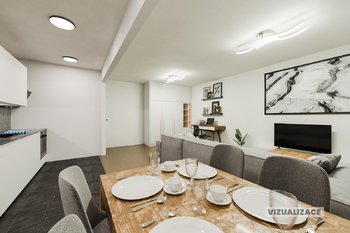 Vizualizace obývacího pokoje a kuchyňského koutu - Prodej bytu 2+1 v osobním vlastnictví 64 m², Chlumec
