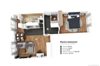 3D půdorys - Prodej bytu 2+1 v osobním vlastnictví 64 m², Chlumec