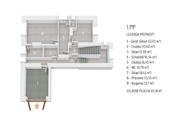 Půdorys 1PP - Prodej domu 337 m², Praha 8 - Libeň