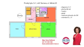 plánek - Prodej bytu 3+1 v osobním vlastnictví 66 m², České Budějovice