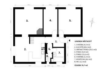 půdorys - Prodej bytu 3+1 v družstevním vlastnictví 77 m², Dušníky