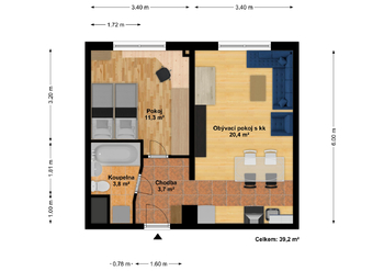 Půdorys bytu  - Prodej bytu 2+kk v osobním vlastnictví 39 m², Praha 4 - Krč
