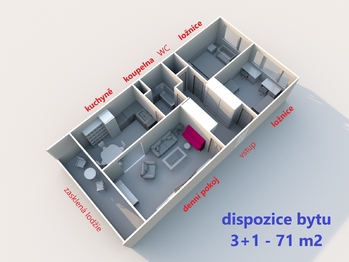 současné rozložení bytu ... - Prodej bytu 3+1 v osobním vlastnictví 71 m², Praha 4 - Lhotka