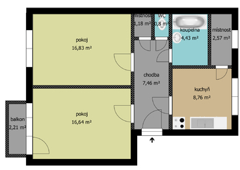 orientační půdorys - Prodej bytu 2+1 v osobním vlastnictví 60 m², Kolín