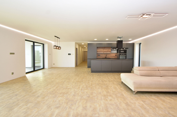 Obývací pokoj s luxusním kuchyňským koutem a jídelním koutem se vstupem na terasu. - Pronájem domu 147 m², Kostelec nad Labem
