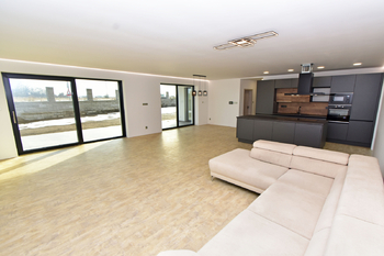 Obývací pokoj s luxusním kuchyňským koutem a jídelním koutem se vstupem na terasu. - Pronájem domu 147 m², Kostelec nad Labem