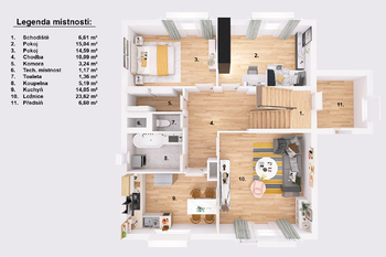 Půdorys přízemí. - Prodej domu 202 m², Panenské Břežany