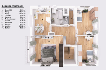 Půdorys patra. - Prodej domu 202 m², Panenské Břežany
