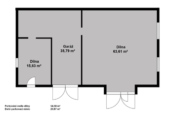 Půdorys garáže a dílen. - Prodej domu 202 m², Panenské Břežany